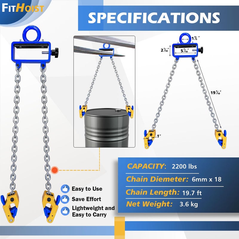 FITHOIST Updated Chain Drum Lifter | 1 ton(2200 lbs) Capacity Vertical Drum Lifter Chain Sling | Carbon Steel Hook with Built-in Spring | Fit for 30-55 Gallon Barrel - Image 3